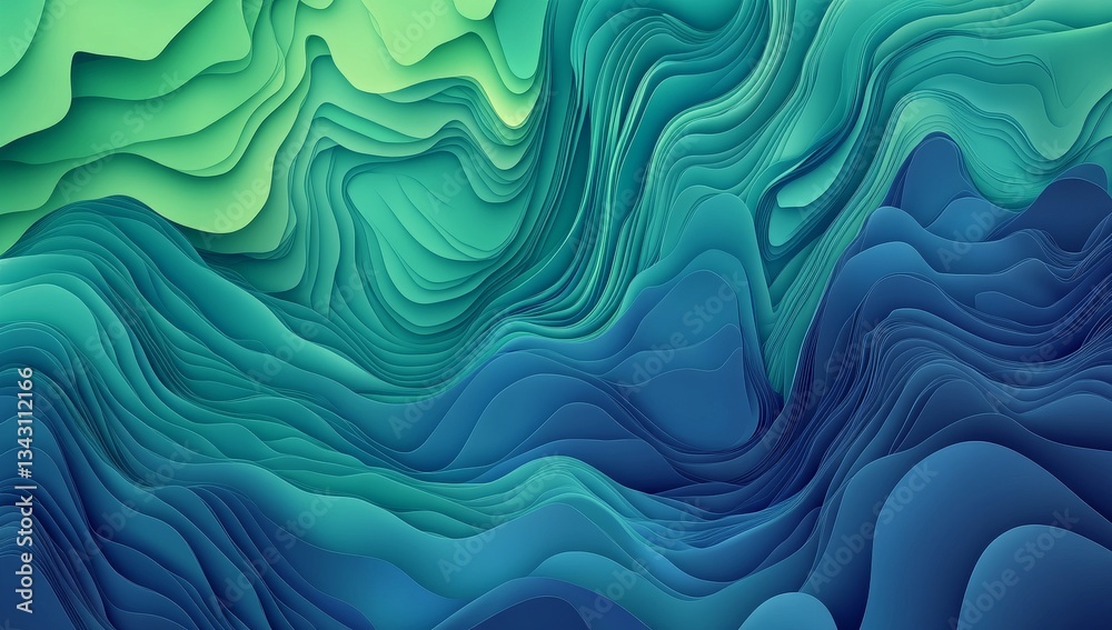 Abstract layered, wavy, textured design in shades of teal and green. Detailed, intricate, smooth folds and curves create a dynamic, flowing effect Abstract layered, wavy, textured design in shades of teal and green. Detailed, intricate, smooth folds and curves create a dynamic, flowing effect