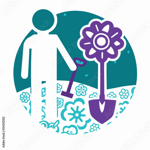 Nurturing Growth: A stylized illustration of a person tending to a large flower in a garden, symbolizing growth and care. 