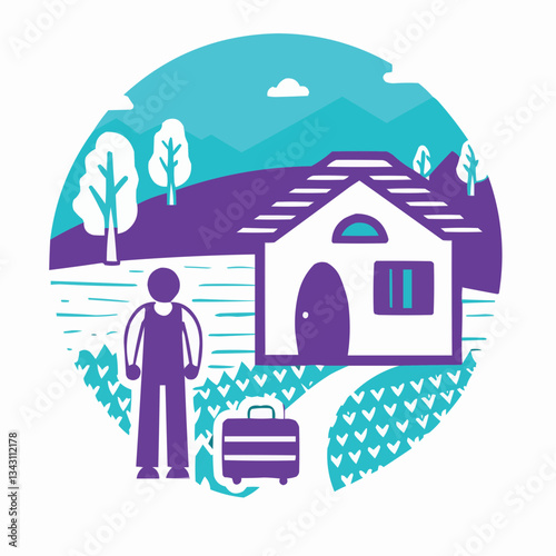 Journey's End: Illustrated depiction of a person arriving at a house, complete with suitcase, evoking a sense of travel, arrival, and the promise of rest.