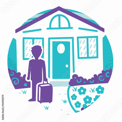 Arrival: A person is arriving at a house or a cottage, with a suitcase in hand, possibly embarking on a travel. a colorful illustration.
