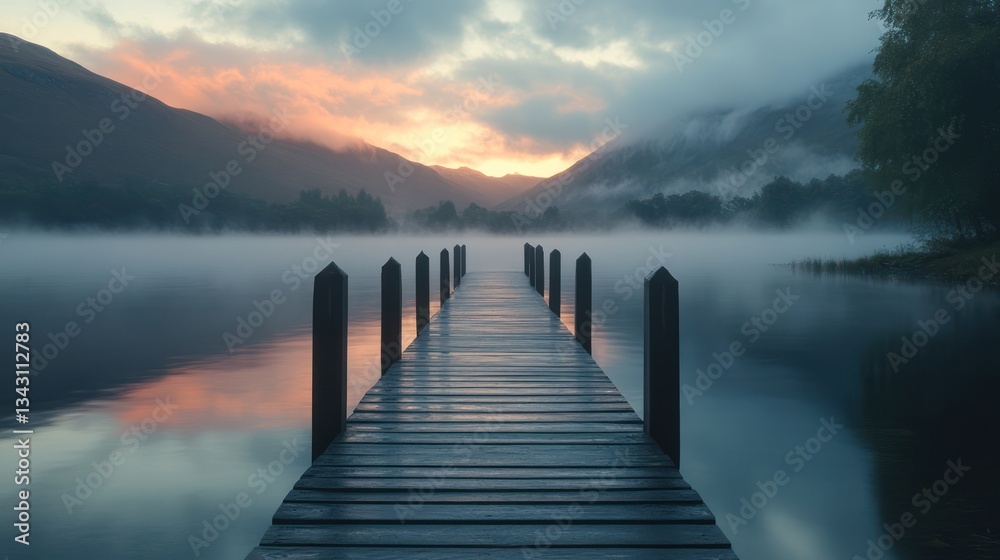 Fototapeta premium Misty sunrise lake pier, calm mountains
