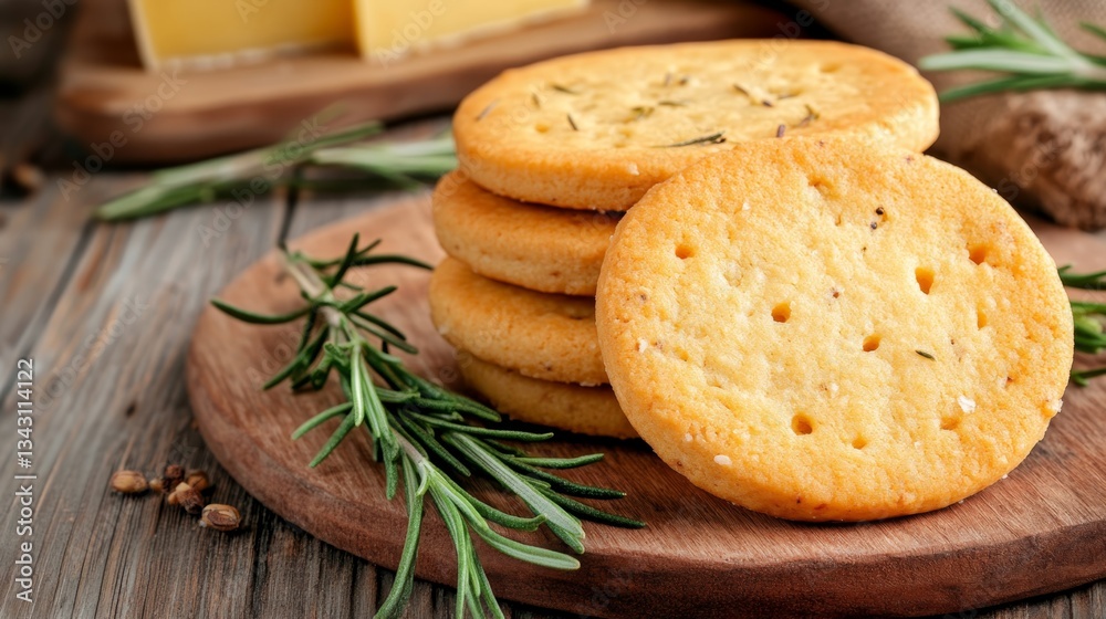 Savoury rosemary crackers served on rustic wooden board with cheese Savoury rosemary crackers served on rustic wooden board with cheese
