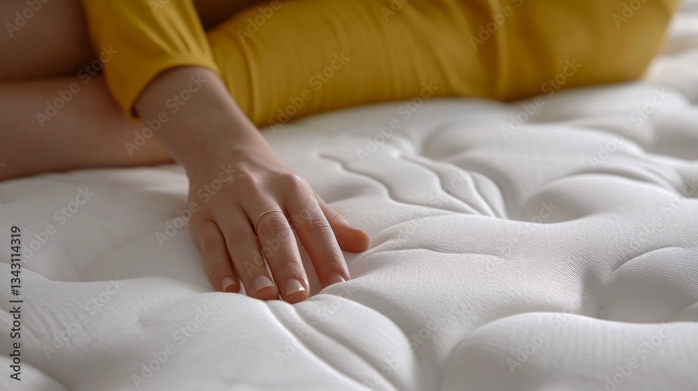 A gentle hand caresses the surface of a plush mattress, highlighting the serene atmosphere of comfort and tranquility. The soft fabric invites a moment of relaxation and serenity A gentle hand caresses the surface of a plush mattress, highlighting the serene atmosphere of comfort and tranquility. The soft fabric invites a moment of relaxation and serenity