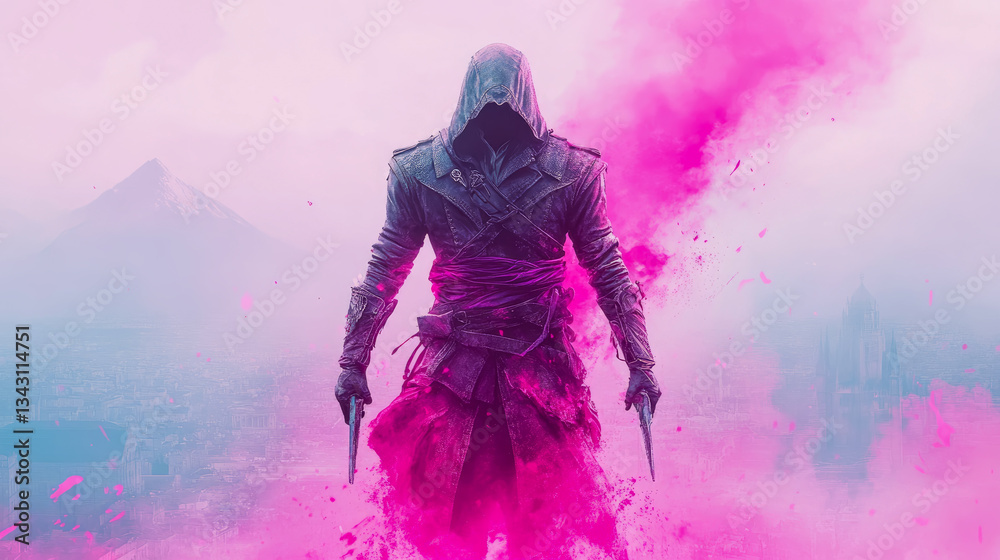 Fototapeta premium Cloaked Assassin in a vaporwave Cityscape with Guns