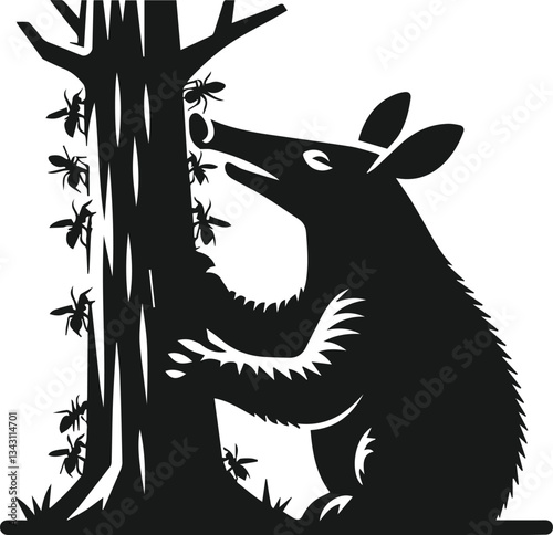 Aardvark licking ants off a tree trunk animal silhouette vector