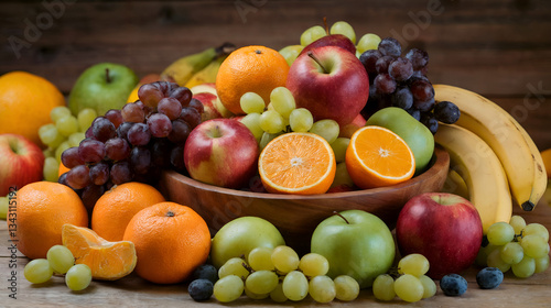 Assorted fruits, including apples, oranges, grapes, and bananas, are arranged in a wooden bowl. The vibrant composition evokes freshness and healthy eating.