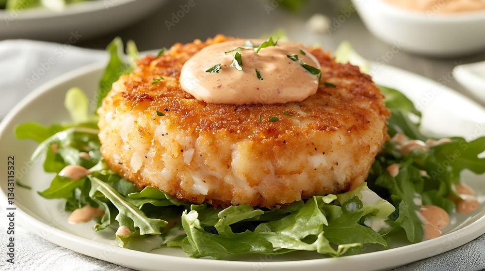 Crab cake served with spicy remoulade sauce on top of a mixed green Crab cake served with spicy remoulade sauce on top of a mixed green