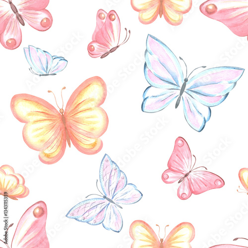 Butterflies flutering delicate. Seamless pattern. Watercolor illustration hand painted. Spring summer background with flying insect. Tropical animals, bugs. Template for wallpaper, textile, packaging.