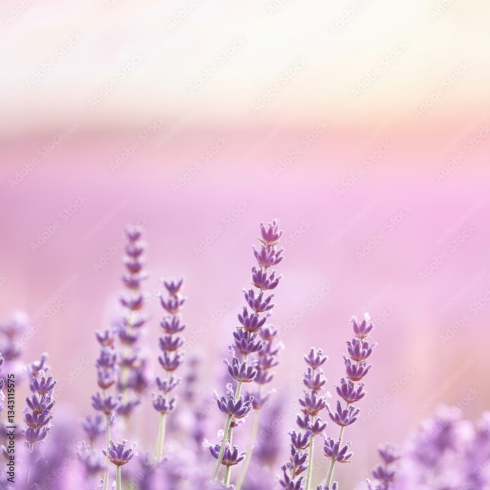 Obraz premium Lavender Serenity: A Field of Purple Blossoms Under a Soft Pink Sky