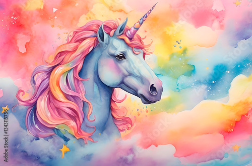 Cute watercolor unicorn. Beautiful watercolor illustration. Magic trendy pink cartoon horse perfect for nursery print and poster design.