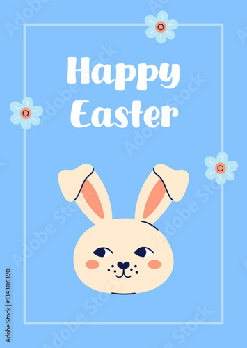 Happy Easter simple card with close up of a hare's head. Design with text on blue background. Happy Easter hand drawn card. Flat illustration with partial outline. Vector illustration.