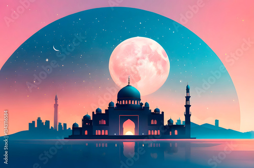 Ramadan Kareem Poster Template with Mosque Silhouette in the Desert and Sunset Background