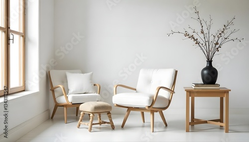 Modern Minimalist Living Room Interior with Two White Armchairs Wooden Stool and Side Table