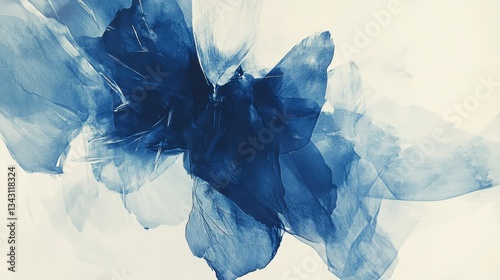 Abstract blue ink flowing on white background - fluid art and creative expression