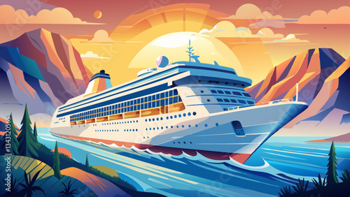 Modern mega white fun ship cruisehip cruise ship liner Prima or Bella sailing away departure from Zeebruges, Belgium for summer North Sea Baltic cruising during sunset twiilight blue 