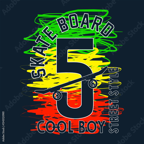 skateboard number 5 cool boy street style colorful graffiti typography illustration vector
