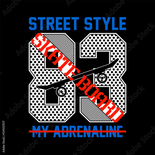 83 street style skateboard design with bold dotted numbers and adrenaline theme illustration vector