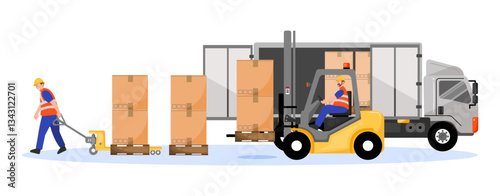 A vector illustration depicting a complete warehouse operation with workers handling boxes, a forklift in action, and a truck ready for delivery, showcasing a full logistics process.