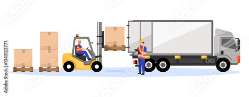 A vector illustration depicting warehouse operations with a forklift loading boxes onto a truck, showcasing logistics and transportation.