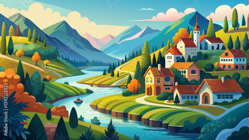 vector of beautiful countryside where a winding river hugs the land, with quaint houses standing along its banks