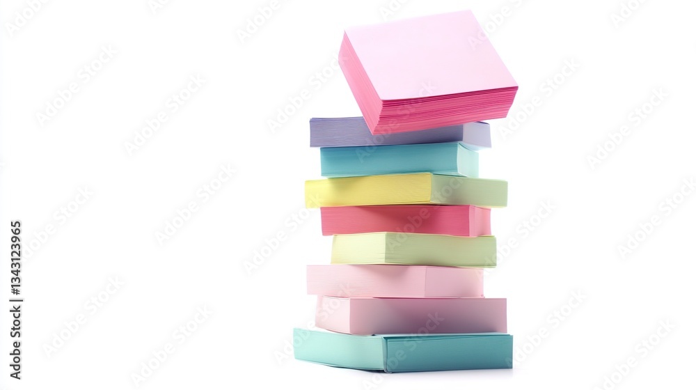 Colorful sticky notes stack, falling, white background, office supplies