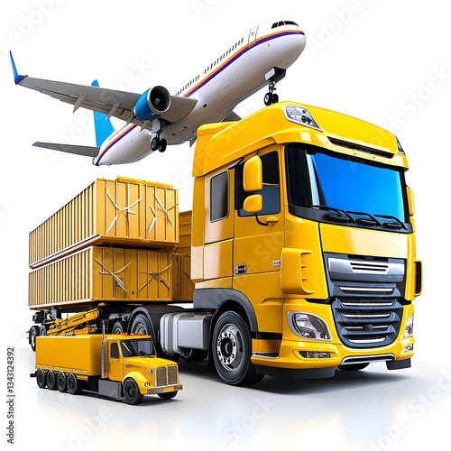 A yellow semi-truck transports cargo containers alongside a smaller truck and airplane illustrating global supply chain logistics and efficient international business transport