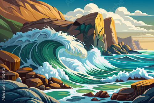 rocky beach with sea waves and stones vector illustration