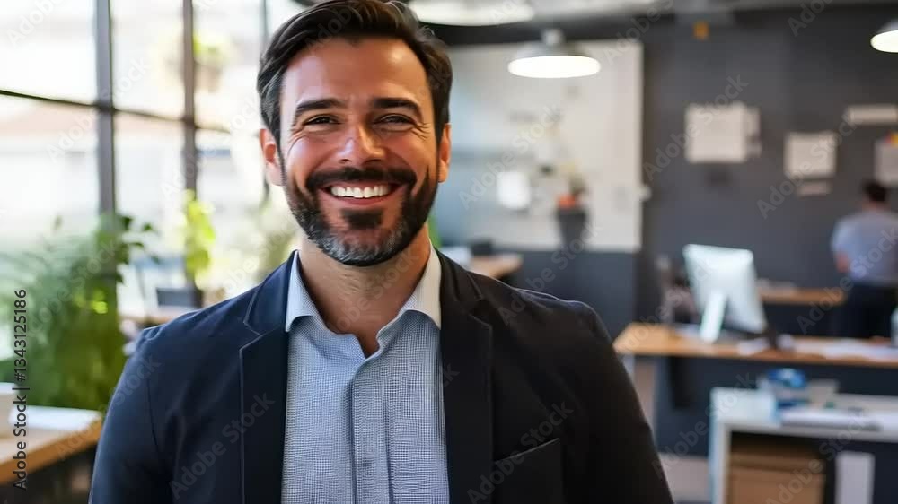 Confident man smiling in a modern office with colleagues working in the background Confident man smiling in a modern office with colleagues working in the background