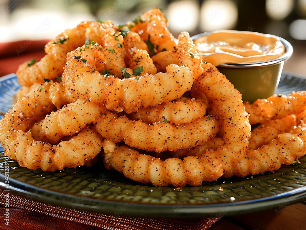 Crispy Seasoned Curly Fries Served with Dipping Sauce in Rustic Setting Crispy Seasoned Curly Fries Served with Dipping Sauce in Rustic Setting