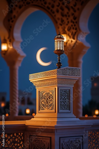Lantern and Crescent Moon Decoration for Ramadan Celebration at Night