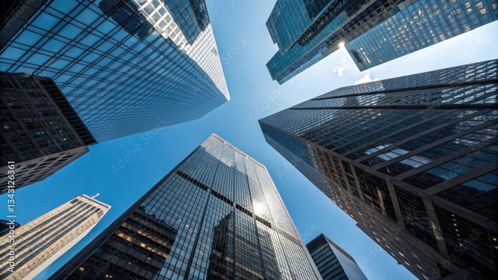 modern skyscrapers with glass windows reflecting blue sky captured from low angle in business district modern skyscrapers with glass windows reflecting blue sky captured from low angle in business district
