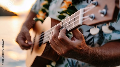 Adult caucasian male playing ukulele by ocean during sunset in floral shirt
