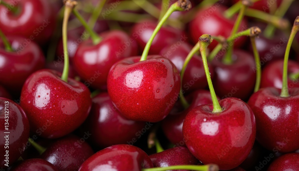 A close-up image of fresh, ripe cherries with vibrant red skin and thin green stems. The cherries are tightly clustered, showcasing their round, plump shape and glossy surface. A close-up image of fresh, ripe cherries with vibrant red skin and thin green stems. The cherries are tightly clustered, showcasing their round, plump shape and glossy surface.