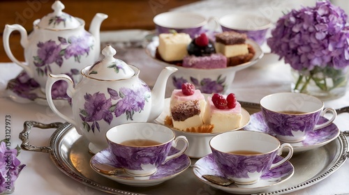 Elegant tea party image with a floral porcelain tea set, cakes, and filled teacups, suggesting a refined and hospitable atmosphere for a social gathering.