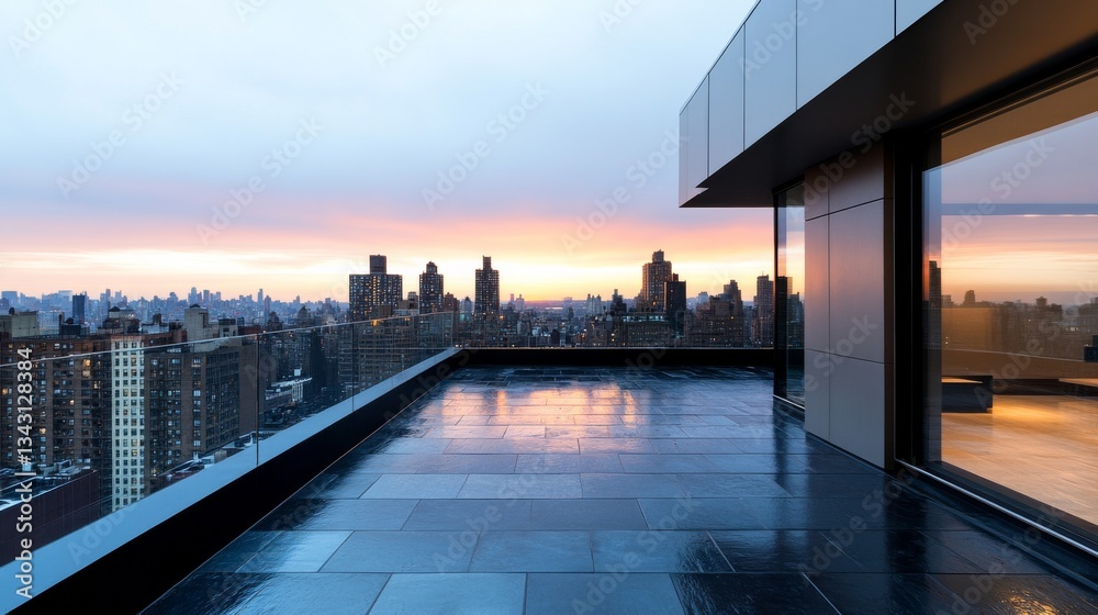 Fototapeta premium Wet rooftop terrace with slate flooring, overlooking city skyline at sunset