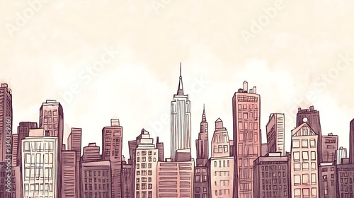 Animated city skyline, brown buildings against light sky, background for urban designs