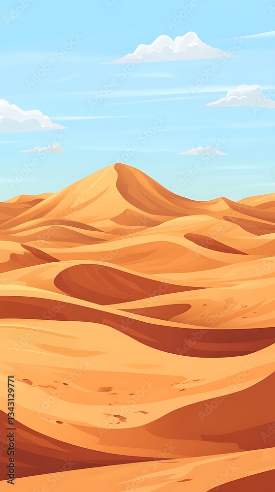 Naklejka premium Sand dunes under a clear blue sky with few clouds, desert landscape