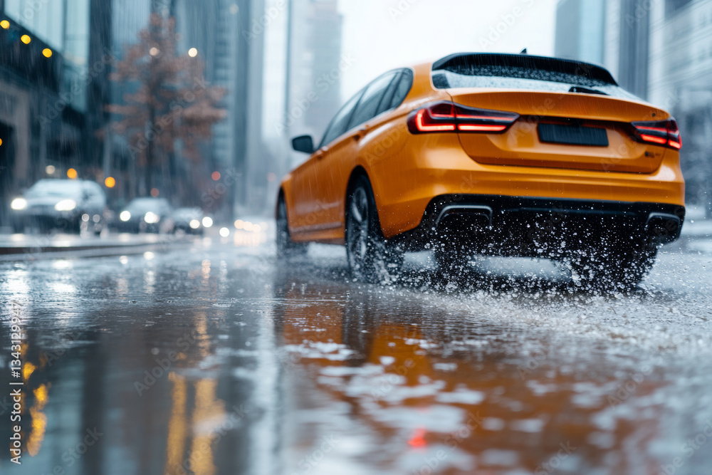 Fototapeta premium vibrant orange car splashes through rainy city street