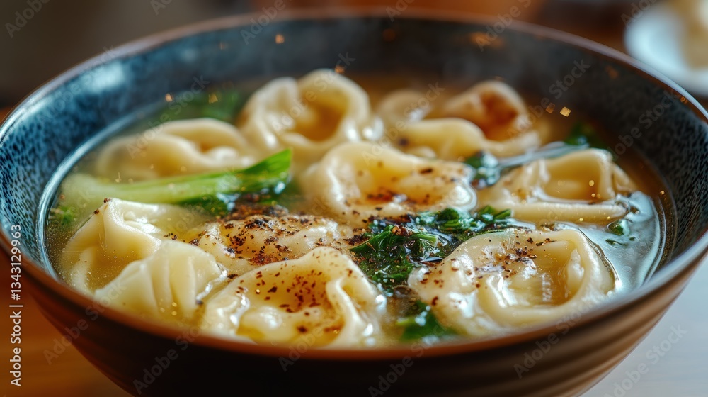 A steaming bowl of wonton soup, its delicate broth infused with ginger and star anise, held plump wontons and tender bok choy in a comforting embrace. A steaming bowl of wonton soup, its delicate broth infused with ginger and star anise, held plump wontons and tender bok choy in a comforting embrace.