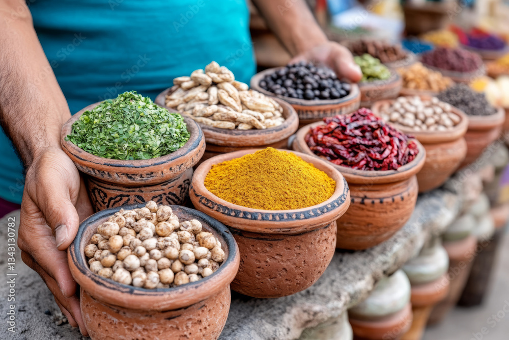 Fototapeta premium Fresh spices and herbs displayed in traditional pots