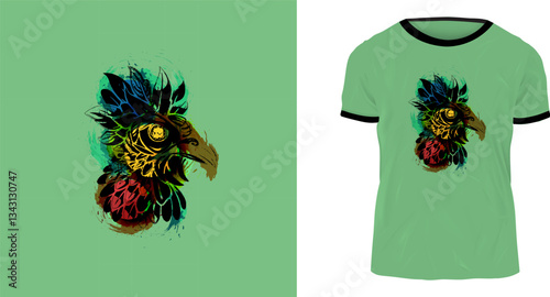 A T-shirt design featuring  Vibrant Spirit, Abstract Rooster.