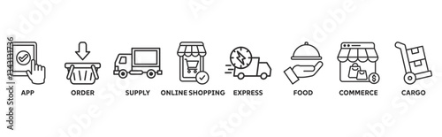 Delivery service icon set illustration concept with icon of app, order, online shopping, supply, express delivery, food delivery, commerce, and cargo