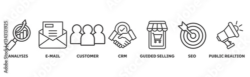 Inbound marketing icon set illustration concept with icon of analysis, email, customer, crm, guided selling, seo and public relations 
