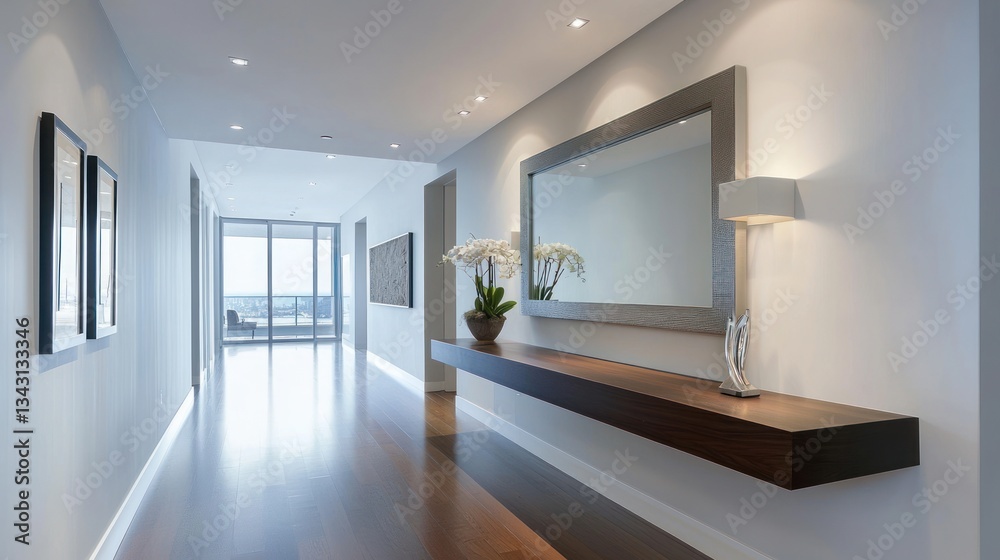 Modern hallway with hardwood floors, recessed lighting, a large mirror, and a console table