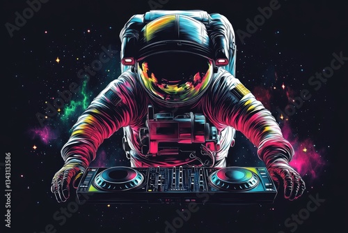 An astronaut is performing on a digital music mixing console