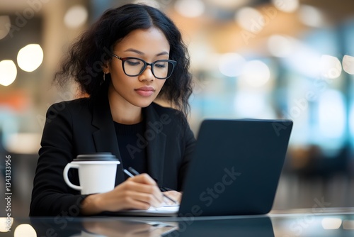 Focused businesswoman working on laptop in modern office