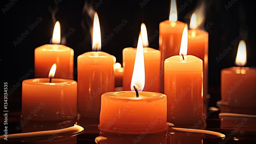 A row of small oil lamps with flickering flames, placed on a reflective surface. A row of small oil lamps with flickering flames, placed on a reflective surface.