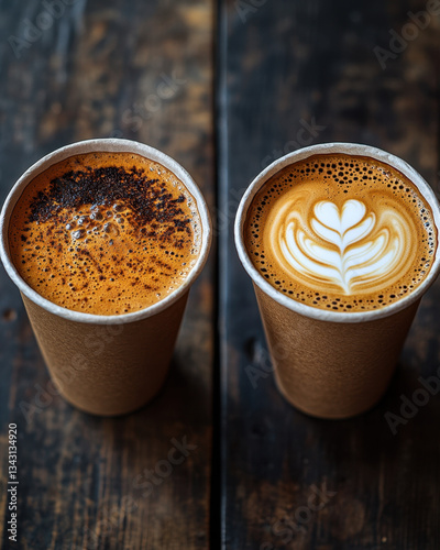 Two cups of latte art coffee served in ribbed brown paper cups, placed on a rustic wooden surface. Each cup features intricate latte art designs resembling leaves.