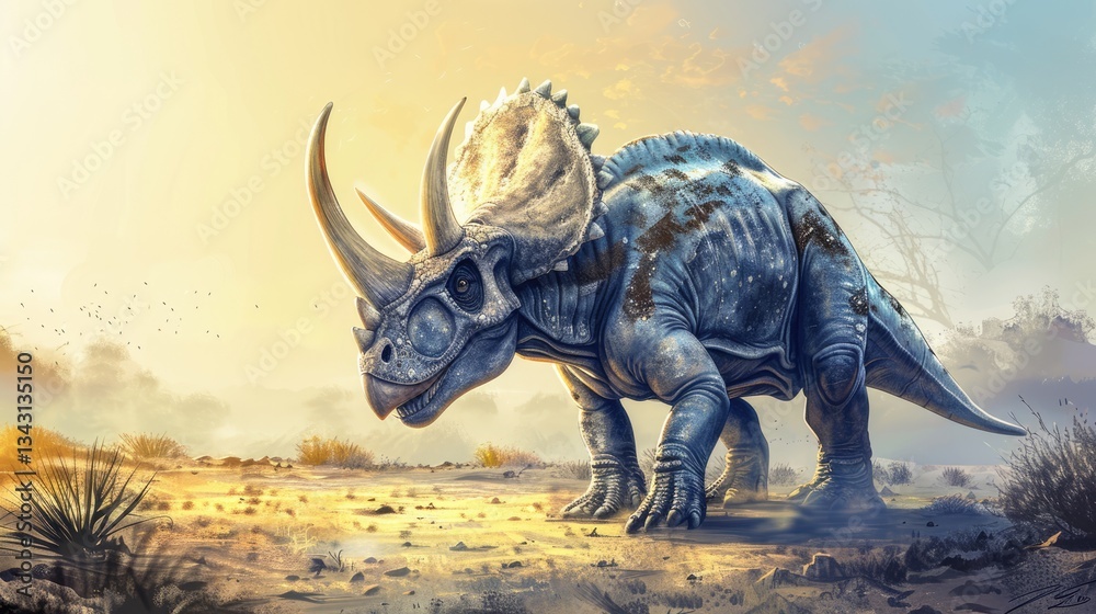 Fototapeta premium AI-generated majestic dinosaurs in a prehistoric landscape. Triceratops. The concept of time when dinosaurs ruled the Earth.