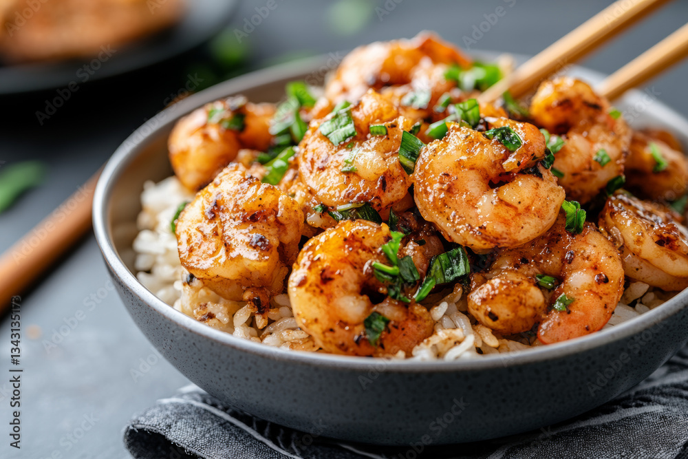 Delicious shrimp dish with rice and herbs Delicious shrimp dish with rice and herbs
